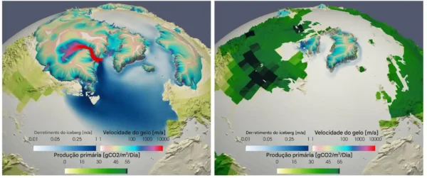 A água na era das mudanças climáticas 2 Comparação entre períodos frios e quentes: No auge da última era glacial, há cerca de 21.000 anos, as camadas de gelo cobriam grandes partes da América do Norte e do norte da Europa. Os eventos de Heinrich, durante os quais grandes quantidades de gelo fluíram da camada de gelo norte-americana para o mar, podem ser identificados pela alta velocidade de fluxo do gelo (vermelho). Isso significava que muita água de degelo também fluía para o mar (azul escuro). O gráfico inferior mostra as camadas de gelo por volta de 1850, ou seja, antes das mudanças climáticas induzidas pelo homem