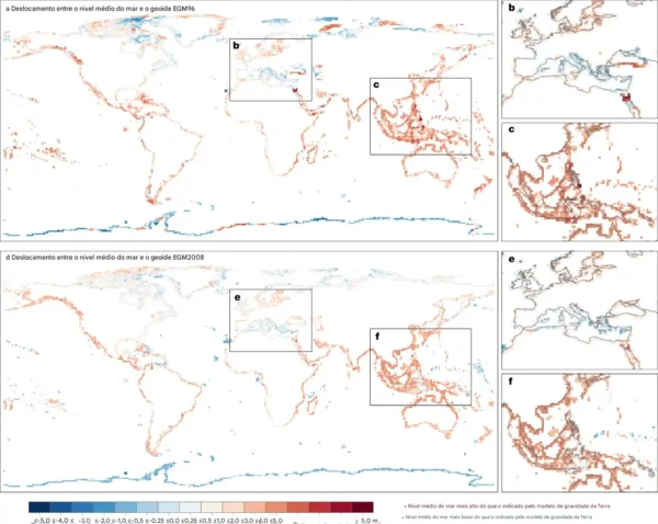 O nível do mar já subiu muito mais do que o estimado 3 Diferença entre a altura do nível do mar costeiro e os geoides mais utilizados em todo o mundo