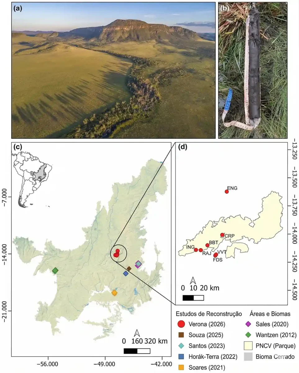 Exemplos de Vereda e solos, e mapas mostrando a localização de Veredas em estudos anteriores e atuais