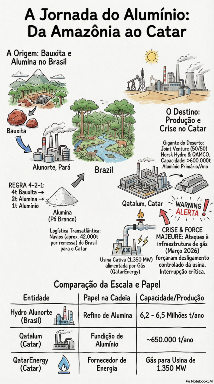A guerra no Golfo interrompeu a rota da alumina extraída no Pará e usada no Catar, revelando como conflitos distantes atingem a Amazônia