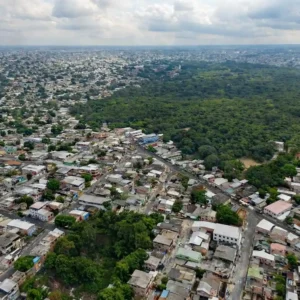 Manaus avança com o maior corredor verde urbano da América do Sul Vista aérea de Manaus com áreas verdes interligadas por corredores de vegetação atravessando bairros