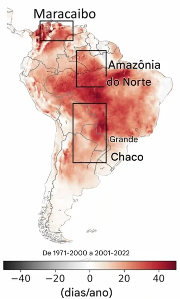 Mapa da América do Sul mostrando a variação no número de dias com calor, seca e risco de incêndio simultâneos entre os períodos de 1971–2000 e 2001–2022