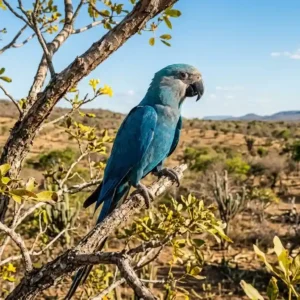 O voo da ararinha azul que desafia a extinção no sertão uma ararinha-azul pousada majestosamente num galho de caraibeira. A luz do sol realça a sua plumagem vibrante e as cores do sertão baiano, criando uma cena que é ao mesmo tempo bela e esperançosa
