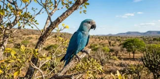 O voo da ararinha azul que desafia a extinção no sertão uma ararinha-azul pousada majestosamente num galho de caraibeira. A luz do sol realça a sua plumagem vibrante e as cores do sertão baiano, criando uma cena que é ao mesmo tempo bela e esperançosa