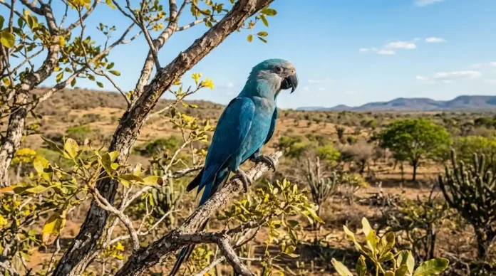 uma ararinha-azul pousada majestosamente num galho de caraibeira. A luz do sol realça a sua plumagem vibrante e as cores do sertão baiano, criando uma cena que é ao mesmo tempo bela e esperançosa