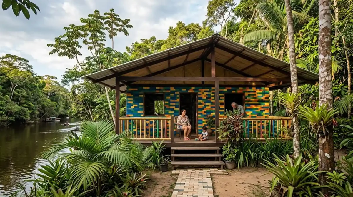 uma fachada vibrante e colorida de uma casa construída com os blocos de plástico reciclado, perfeitamente integrada ao ambiente de vegetação densa da Amazônia e com o rio ao fundo