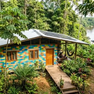 Projeto transforma plástico coletado no Tapajós em casas populares uma fachada vibrante e colorida de uma casa construída com os blocos de plástico reciclado, perfeitamente integrada ao ambiente de vegetação densa da Amazônia e com o rio ao fundo