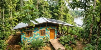 Projeto transforma plástico coletado no Tapajós em casas populares uma fachada vibrante e colorida de uma casa construída com os blocos de plástico reciclado, perfeitamente integrada ao ambiente de vegetação densa da Amazônia e com o rio ao fundo