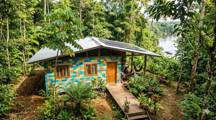uma fachada vibrante e colorida de uma casa construída com os blocos de plástico reciclado, perfeitamente integrada ao ambiente de vegetação densa da Amazônia e com o rio ao fundo