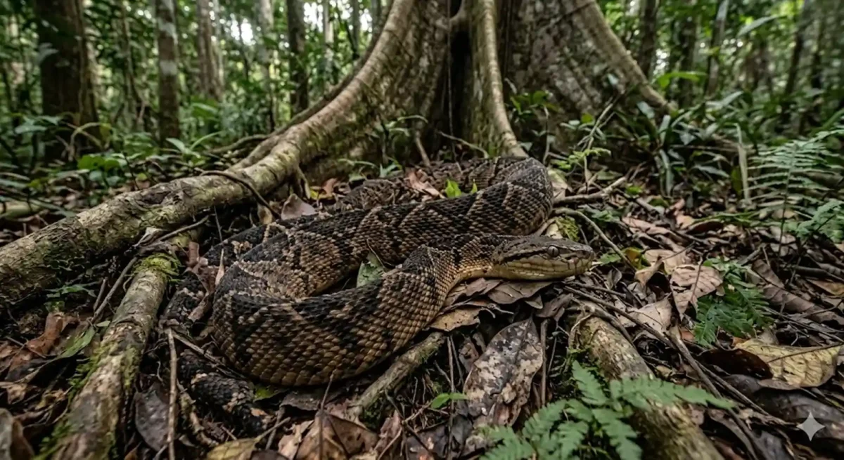 surucucu-pico-de-jaca camuflada entre folhas secas e raízes de uma sumaúma gigante na floresta amazônica