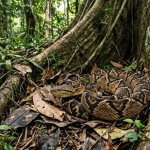 A majestosa surucucu-pico-de-jaca domina as florestas densas do Pará como a maior serpente venenosa de todas as Américas surucucu-pico-de-jaca camuflada entre folhas secas e raízes de uma sumaúma gigante na floresta amazônica