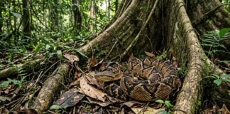A majestosa surucucu-pico-de-jaca domina as florestas densas do Pará como a maior serpente venenosa de todas as Américas surucucu-pico-de-jaca camuflada entre folhas secas e raízes de uma sumaúma gigante na floresta amazônica
