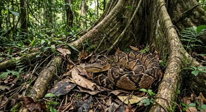 surucucu-pico-de-jaca camuflada entre folhas secas e raízes de uma sumaúma gigante na floresta amazônica