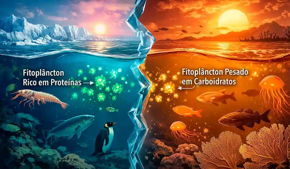 O aquecimento dos oceanos pode levar a uma mudança no fitoplâncton, transformando formas ricas em nutrientes em formas ricas em carboidratos, remodelando as cadeias alimentares marinhas e a nutrição global.