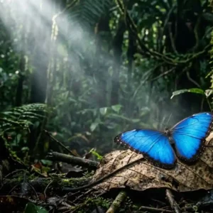 Borboletas revelam o avanço invisível do caos Borboleta Morpho azul vibrante pousada em uma folha seca na floresta amazônica iluminada por feixe de luz solar denso e esfumaçado