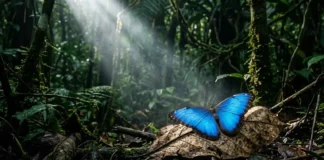 Borboletas revelam o avanço invisível do caos Borboleta Morpho azul vibrante pousada em uma folha seca na floresta amazônica iluminada por feixe de luz solar denso e esfumaçado