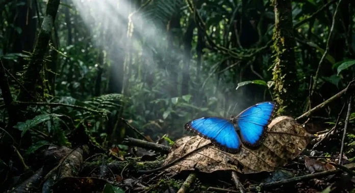 Borboleta Morpho azul vibrante pousada em uma folha seca na floresta amazônica iluminada por feixe de luz solar denso e esfumaçado