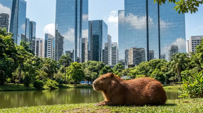 Capivara repousa tranquilamente em parque verde com imensos arranha-céus espelhados ao fundo Capivaras nas cidades: como elas conquistaram o asfalto