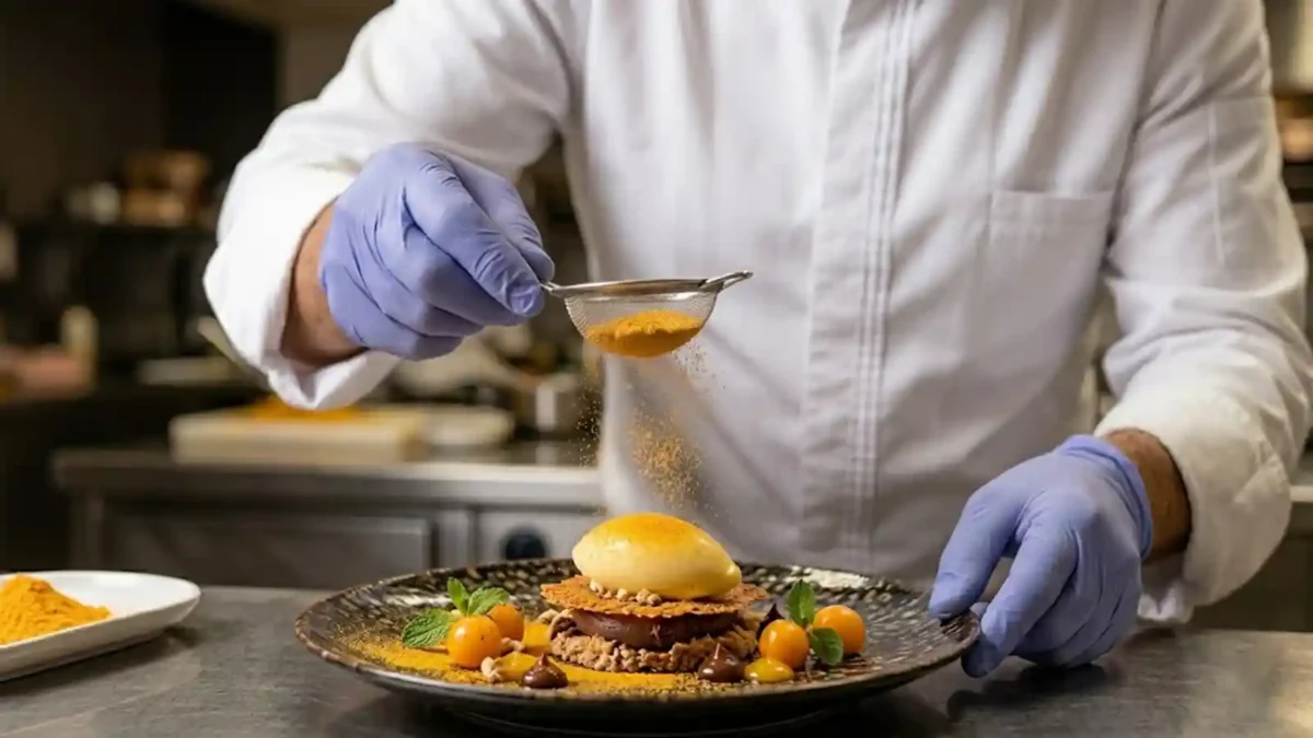 Chef finalizando sobremesa com pó liofilizado de taperebá