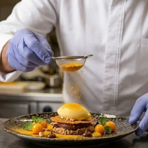 Frutos paraenses superam barreiras técnicas e chegam às mesas Michelin Chef finalizando sobremesa com pó liofilizado de taperebá