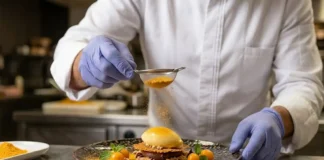 Frutos paraenses superam barreiras técnicas e chegam às mesas Michelin Chef finalizando sobremesa com pó liofilizado de taperebá