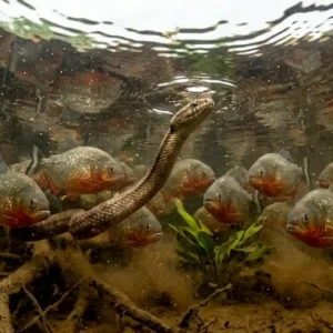 O enigma da serpente que ignora o ataque das piranhas Cobra-d'água capturando um pequeno caracídeo entre raízes submersas de um igapó.