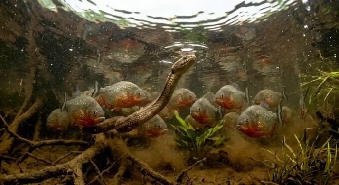 Cobra-d'água capturando um pequeno caracídeo entre raízes submersas de um igapó.