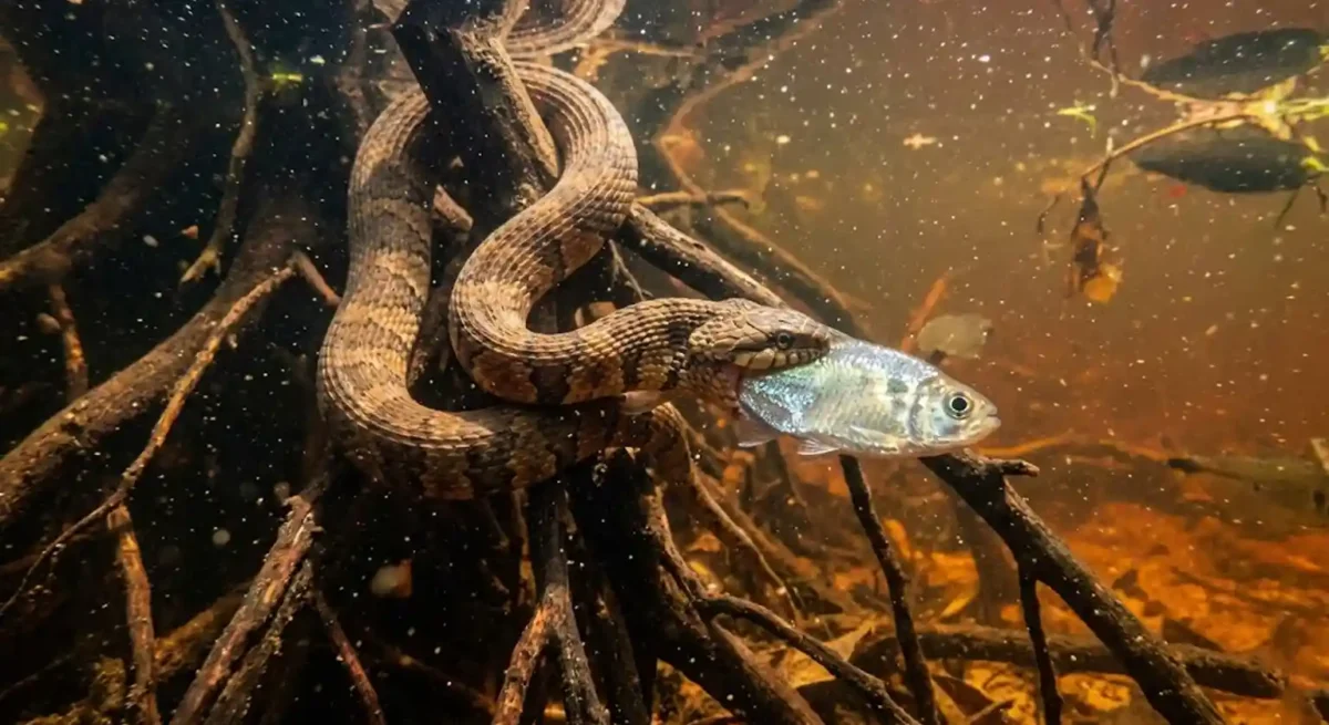 Cobra-d'água capturando um pequeno caracídeo entre raízes submersas de um igapó