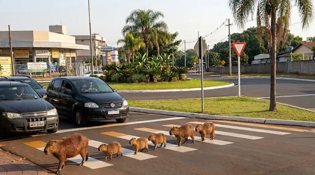 Capivara vira símbolo de convivência urbana em cidades do Brasil 1 Familia de capivaras e flagrada atravessando faixa de pedestres em horario de pico em Cuiaba