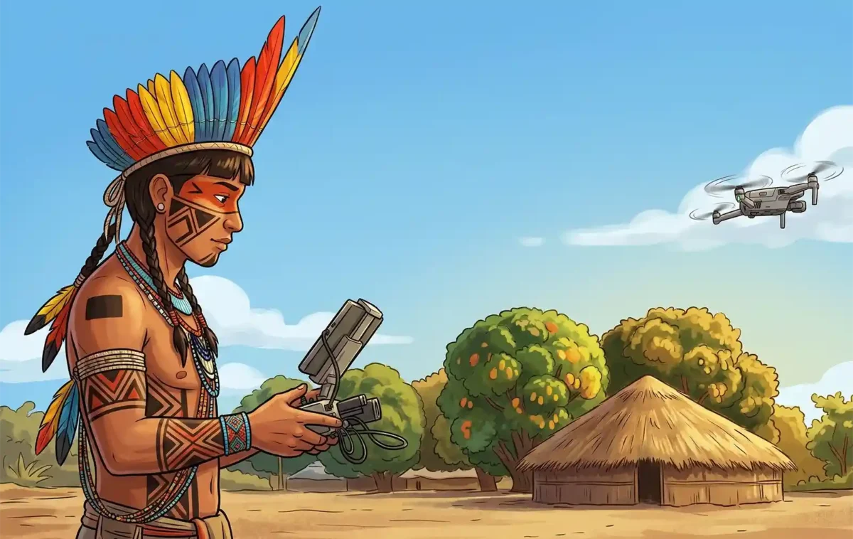 Drone de alta performance decolando de uma clareira na aldeia para missão de reconhecimento