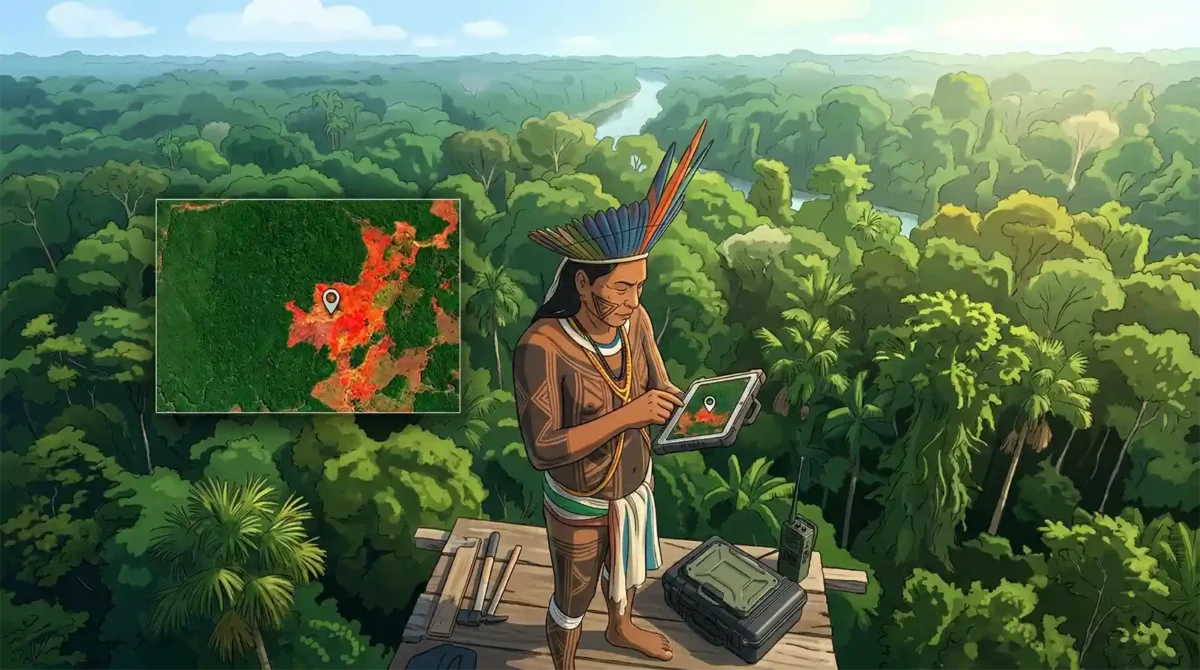 Kayapó analisando mapas de calor gerados por satélite.