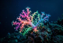 La Amazonía Azul guarda secretos que la ciencia acaba de revelar um coral de águas profundas brilhando em tons neon no azul escuro