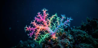 A Amazônia Azul guarda segredos que a ciência acaba de descobrir um coral de águas profundas brilhando em tons neon no azul escuro