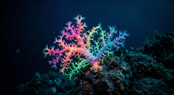 um coral de águas profundas brilhando em tons neon no azul escuro