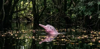 O boto-cor-de-rosa navega pelas florestas inundadas para se alimentar de frutos e dispersar sementes nos rios da Amazônia O boto-cor-de-rosa navega pelos igarapés inundados em busca de frutos, ajudando a reflorestar as margens dos rios