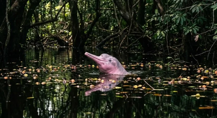 Gemini_Generated_Image_oa6jg3oa6jg3oa6j-Recuperado O boto-cor-de-rosa navega pelos igarapés inundados em busca de frutos, ajudando a reflorestar as margens dos rios