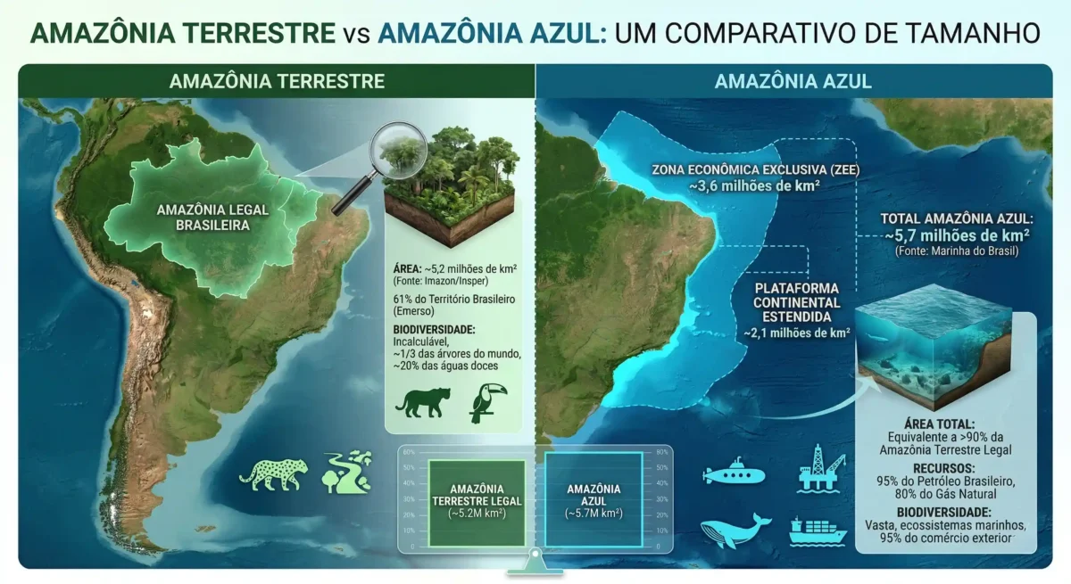 Mapa infográfico comparando o tamanho da Amazônia terrestre com a vasta Amazônia Azul