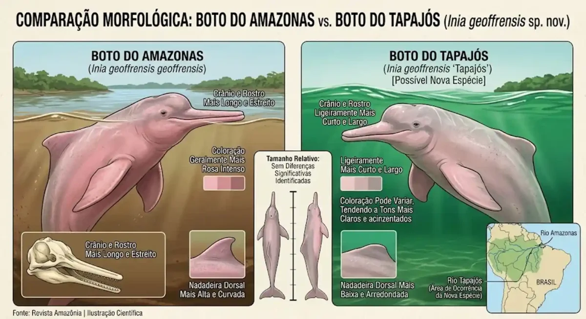 Infográfico mostrando a diferença morfológica entre o boto do Amazonas e o do Tapajós