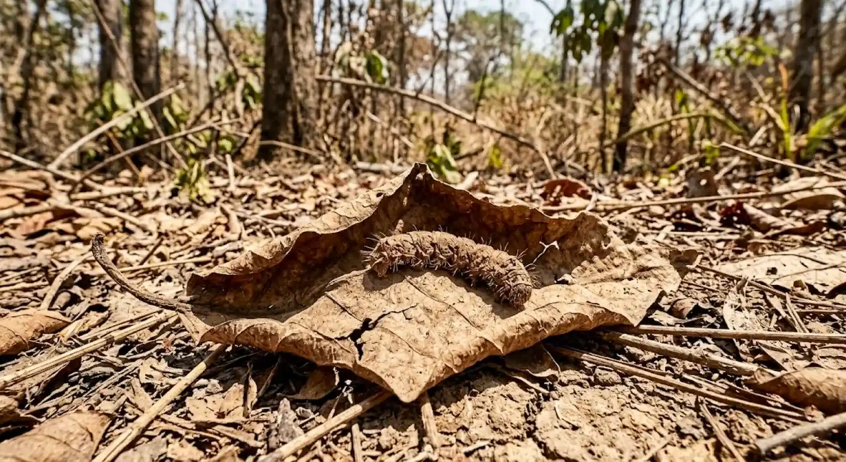 Lagarta desidratada repousa sobre folha murcha durante forte seca na floresta amazônica