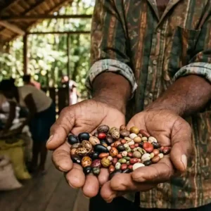 Quilombolas criam banco de sementes para salvar a mata Mãos de um ancião quilombola segurando sementes coloridas de espécies raras da floresta amazônica