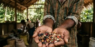 Quilombolas criam banco de sementes para salvar a mata Mãos de um ancião quilombola segurando sementes coloridas de espécies raras da floresta amazônica