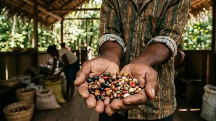 Mãos de um ancião quilombola segurando sementes coloridas de espécies raras da floresta amazônica