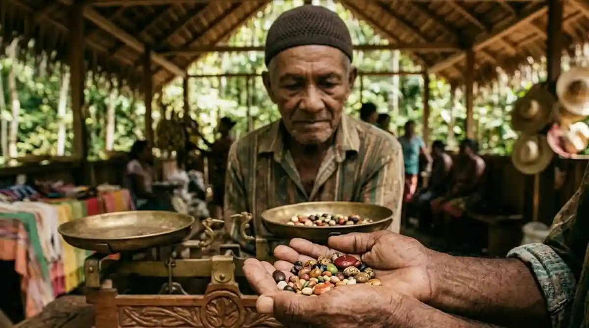 Mãos de um ancião quilombola segurando sementes coloridas