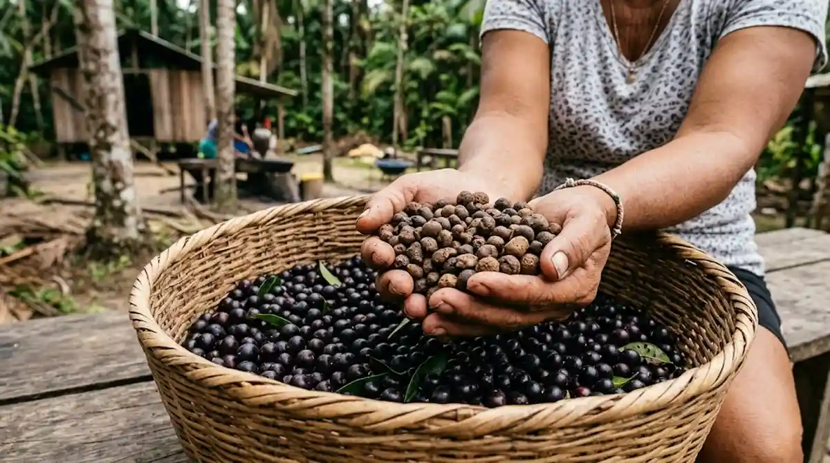 Mãos segurando grânulos de bioplástico marrom ao lado de uma cesta de açaí fresco