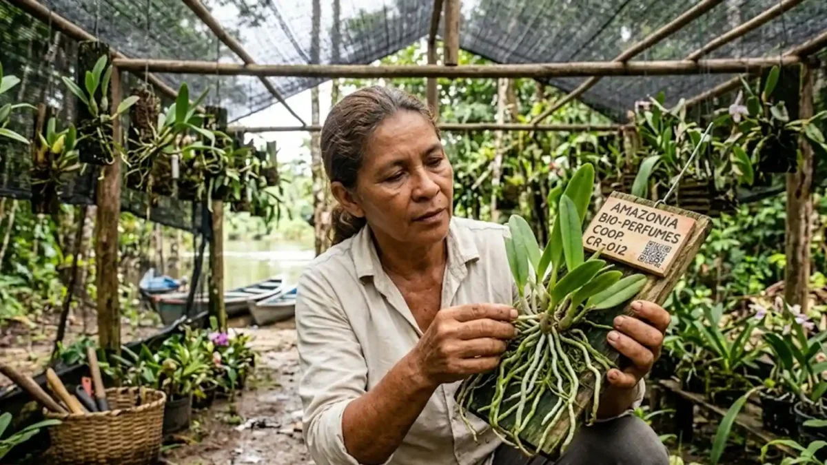 Mulher ribeirinha inspecionando raízes de orquídeas cultivadas em estufa rústica na comunidade amazônica.