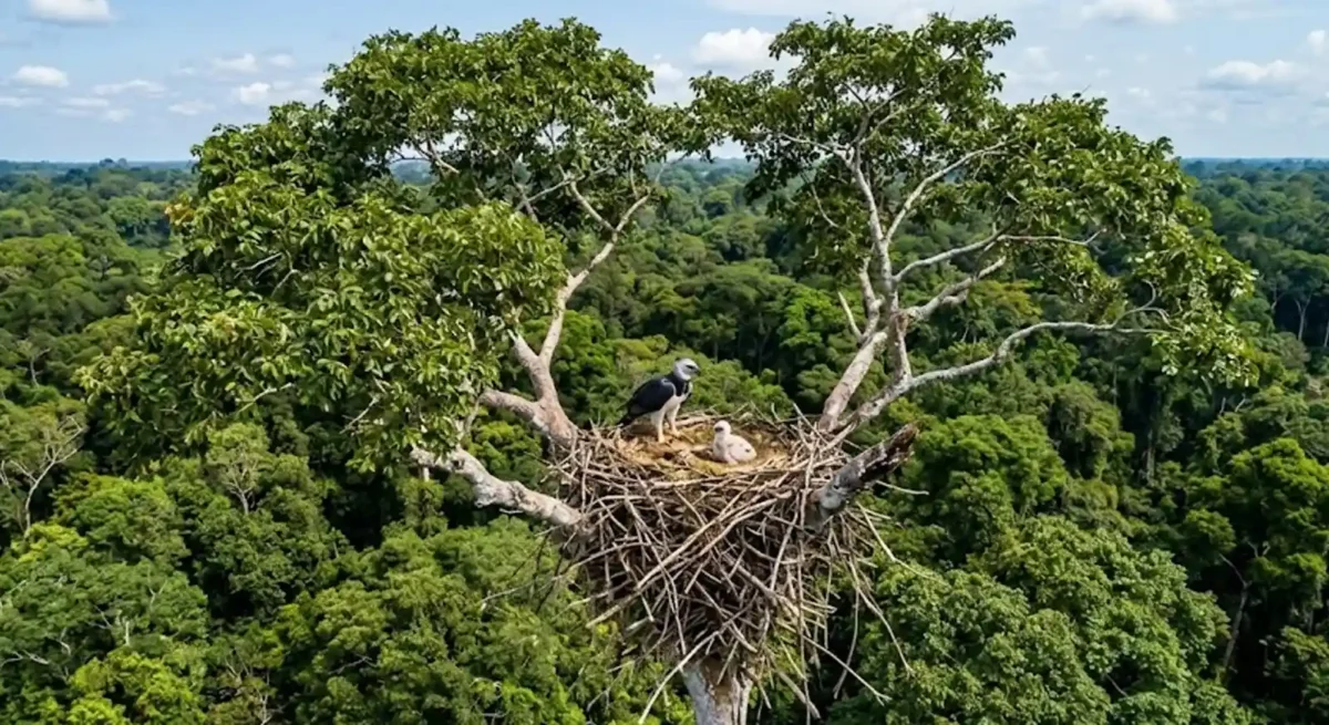 Ninho de harpia no topo de uma castanheira, cercado por vegetação densa e céu aberto