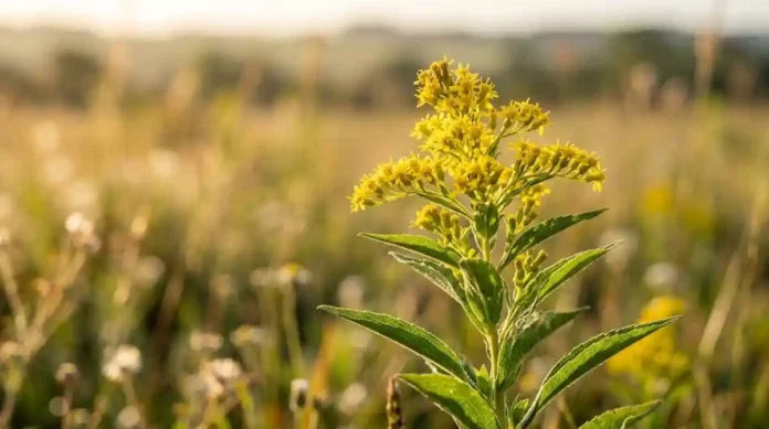 Uma fotografia macro de alta qualidade de uma planta de Solidago microglossa (Arnica Brasileira/Arnica-do-campo) no campo, com a luz do sol da manhã incidindo sobre as folhas verdes e pequenas flores amarelas. A imagem deve ter uma profundidade de campo muito rasa, deixando o fundo completamente desfocado (bokeh), transmitindo uma sensação de pureza e natureza.