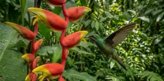 O pequeno beija-flor de bico curvo e a rara helicônia vermelha que desenharam juntos o futuro da floresta O coração de um beija-flor amazônico pode bater até mil e duzentas vezes por minuto enquanto ele executa uma manobra aérea que desafia as leis da física