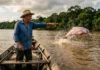 O exército de pescadores que se tornou o maior aliado dos botos no Marajó Pescador ribeirinho apontando para um boto-cor-de-rosa saltando nas águas turvas do Rio Amazonas no Marajó