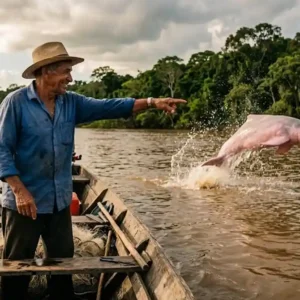 O exército de pescadores que se tornou o maior aliado dos botos no Marajó Pescador ribeirinho apontando para um boto-cor-de-rosa saltando nas águas turvas do Rio Amazonas no Marajó